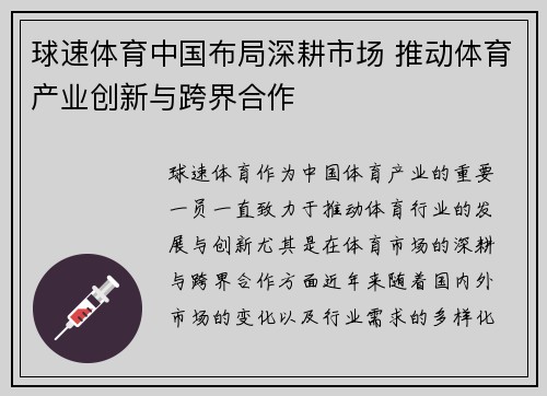 球速体育中国布局深耕市场 推动体育产业创新与跨界合作