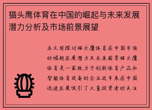 猫头鹰体育在中国的崛起与未来发展潜力分析及市场前景展望